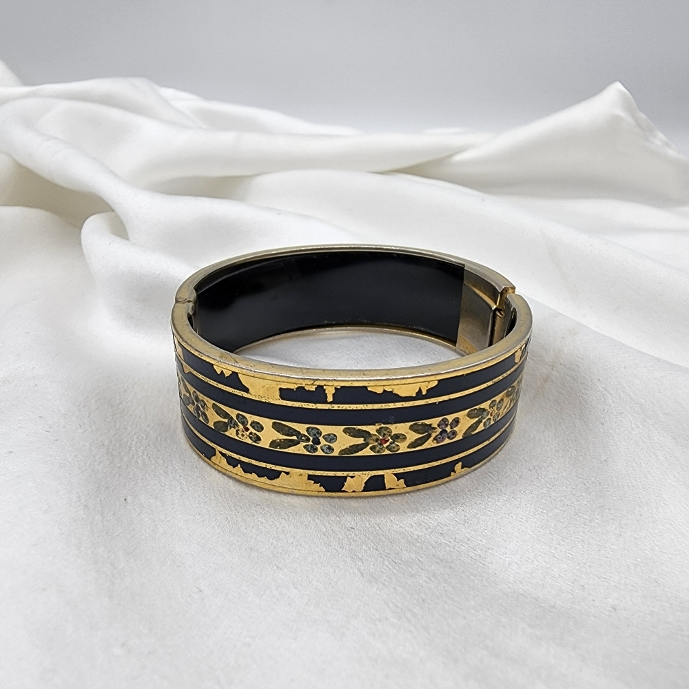 Vtg 1930's Fabon Fse Paris 725 Hinged Bracelet Gold Black Galalithe Enamel Flowe
